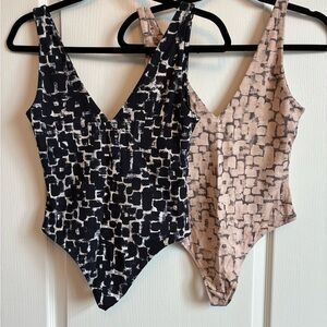 Two Babaton Abstract Print Deep V-Neck (Plunge) Bodysuits (Navy and Pale Pink)